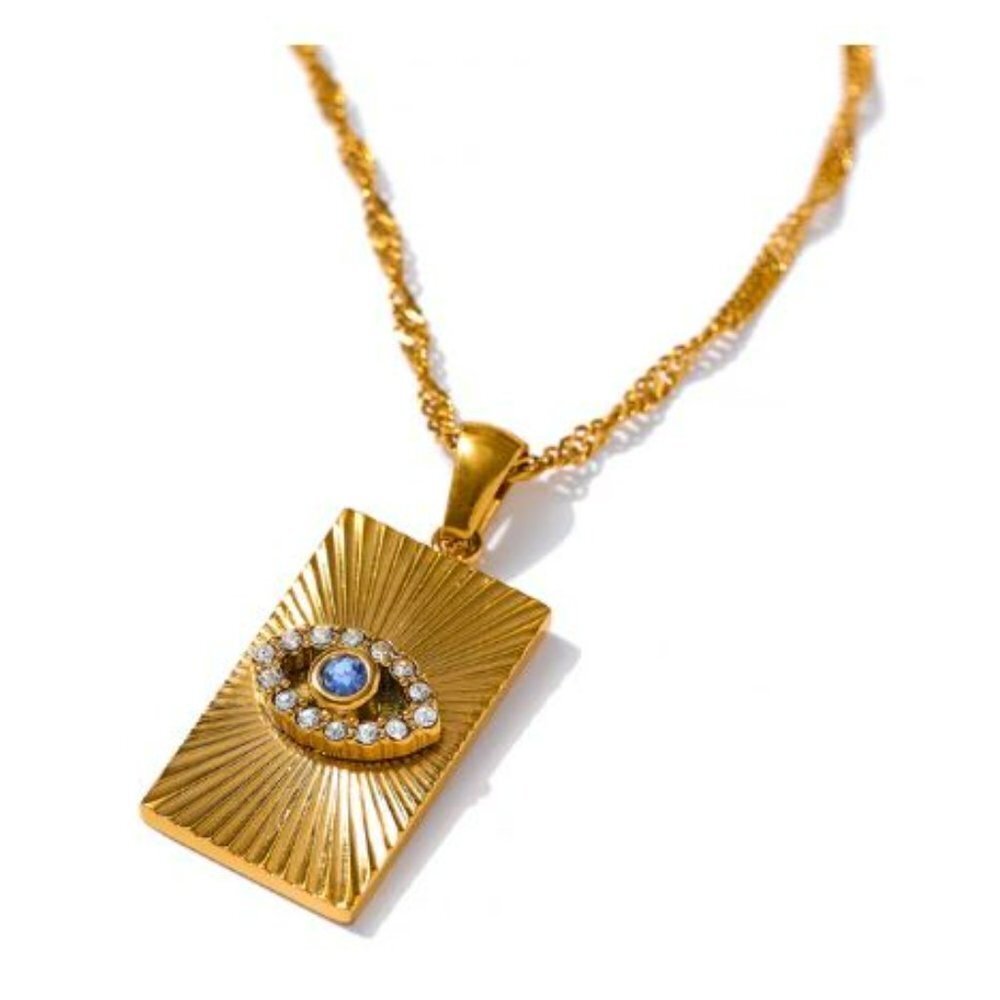 Cubic Zirconia's Evil Eye 18K Gold Plated Stainless Steel Pendant Necklace NEW